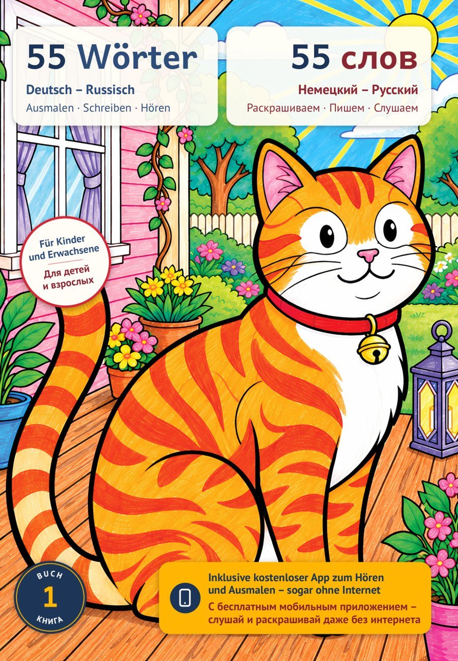 Umschlag von „55 Wörter Deutsch – Russisch“ mit einer gestreiften Katze