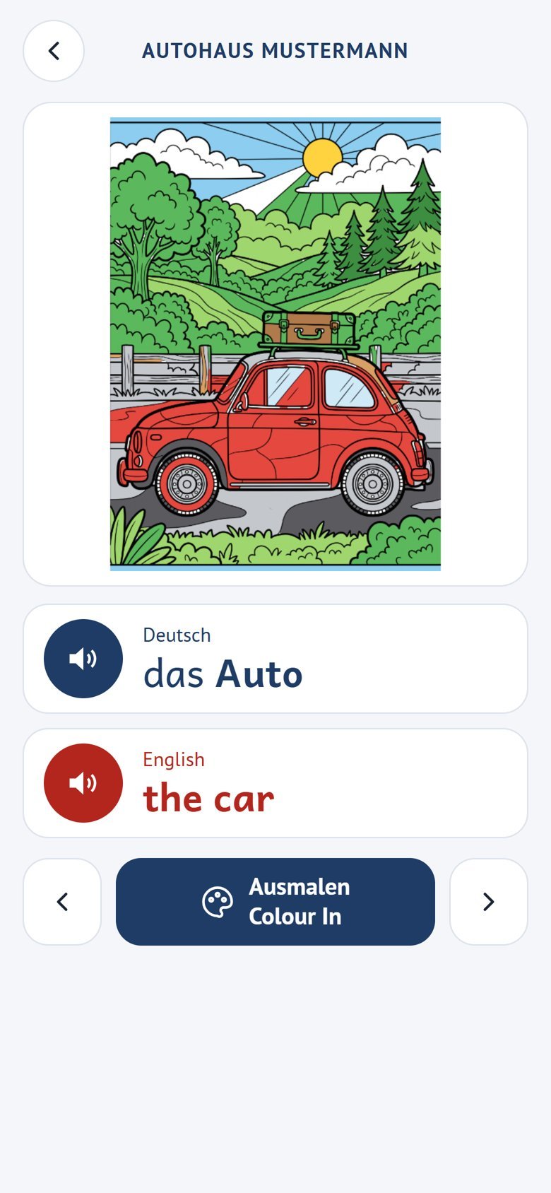 Beispiel: App in Firmenfarben eines Autohauses, Wort Auto auf Deutsch und Englisch (erfundener Name)
