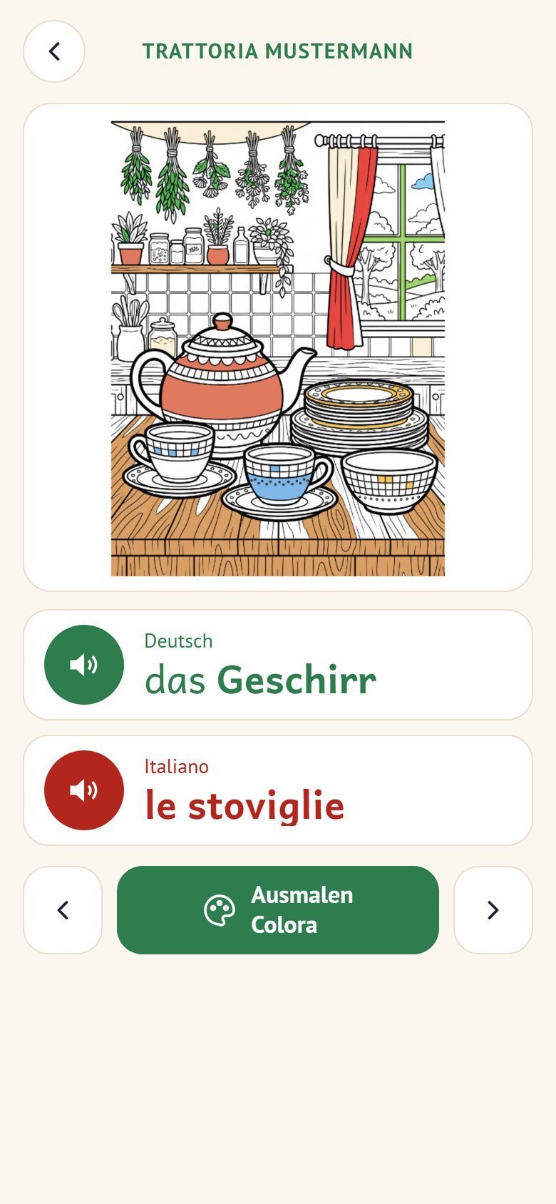 Beispiel: App in Firmenfarben einer Trattoria, Wort Geschirr auf Deutsch und Italienisch (erfundener Name)