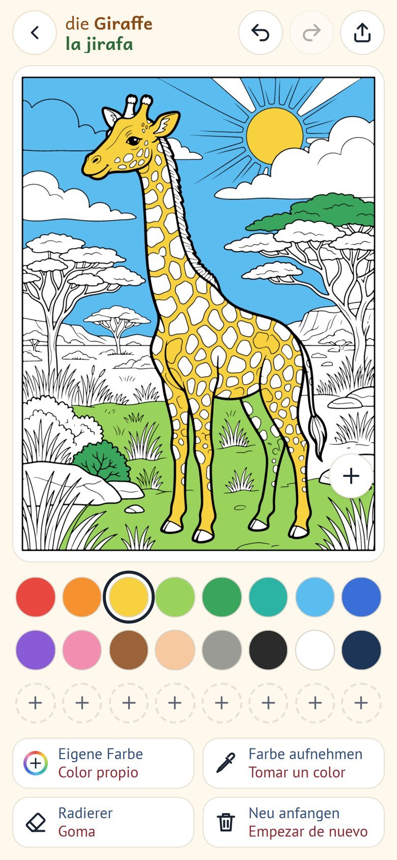 Beispiel: App in Firmenfarben eines Tierparks, Giraffe zum Ausmalen auf Deutsch und Spanisch (erfundener Name)
