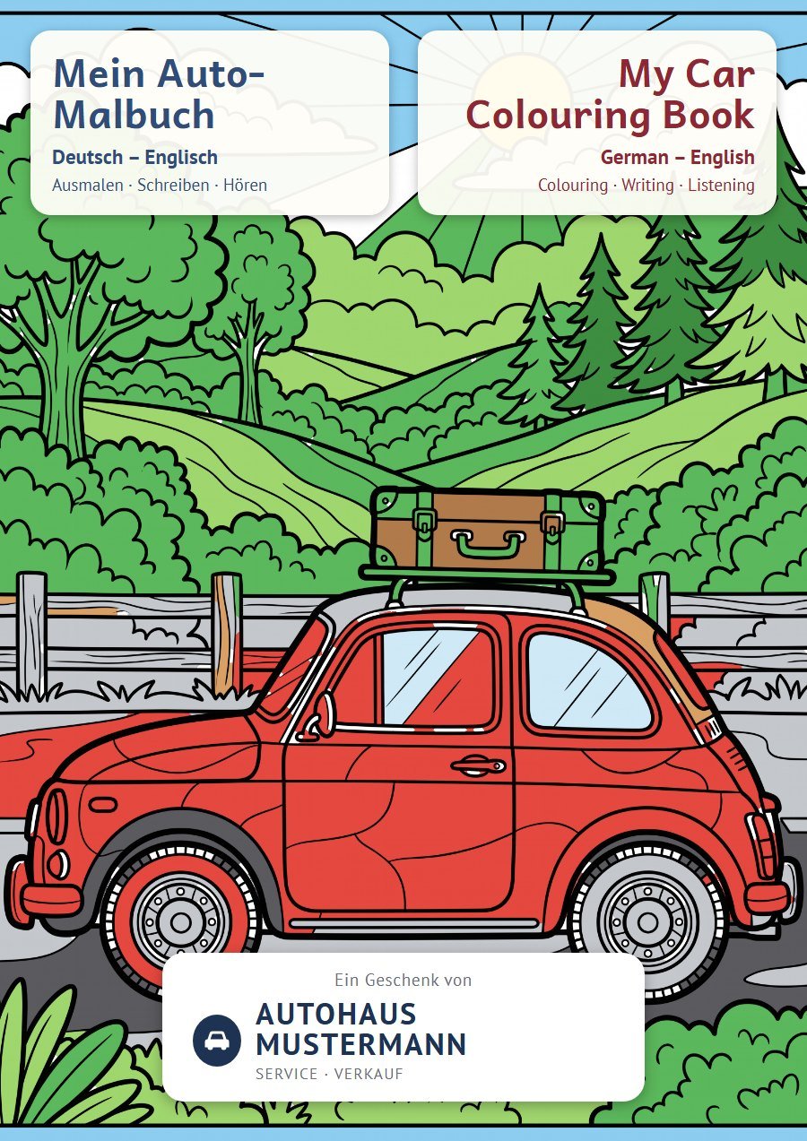 Beispiel-Cover: Malbuch mit rotem Auto, Deutsch und Englisch, Geschenk eines Autohauses (erfundener Name)