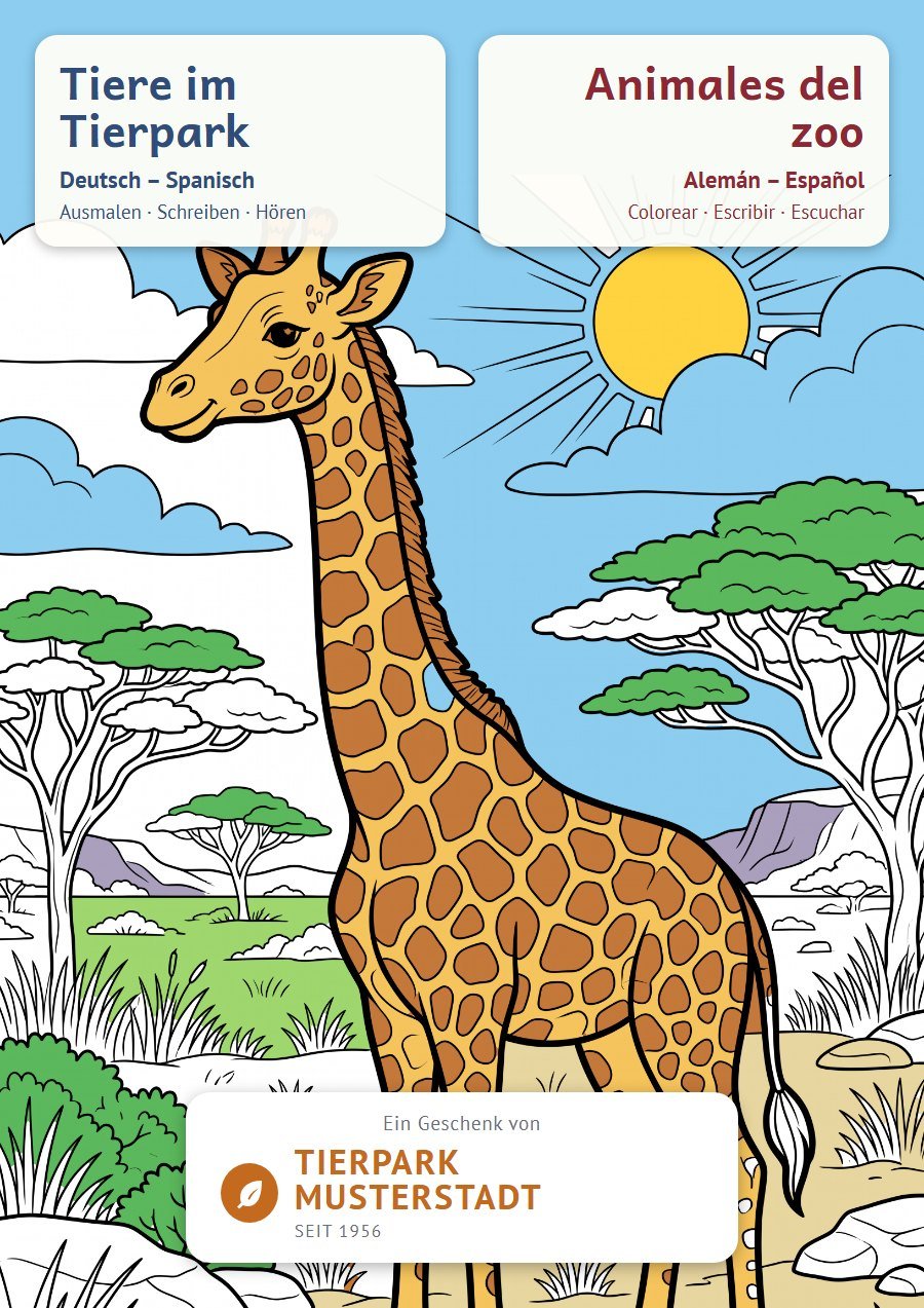 Beispiel-Cover: Malbuch mit Giraffe, Deutsch und Spanisch, Geschenk eines Tierparks (erfundener Name)